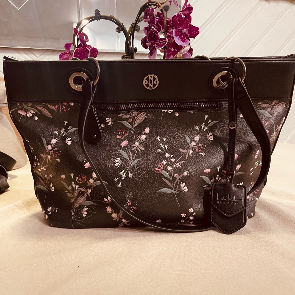 Nicole Miller Black Floral Tote With Pink Blossoms